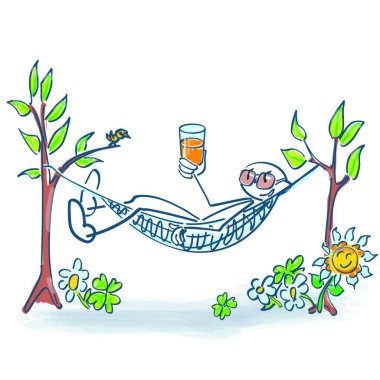 Stick figure lies with a drink in the smooth hammock and is relaxing clipart