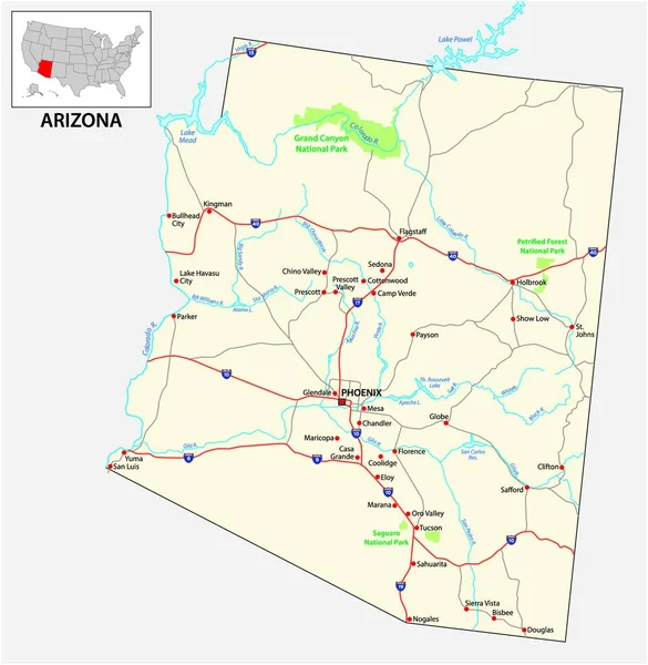 Cestovní Mapa Amerického Státu Arizona — Stockový vektor