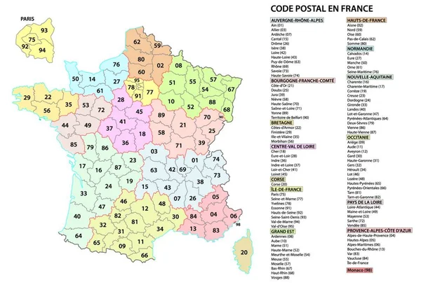 Francia Dígitos Los Códigos Postales Los Códigos Vectoriales Mapa — Vector de stock