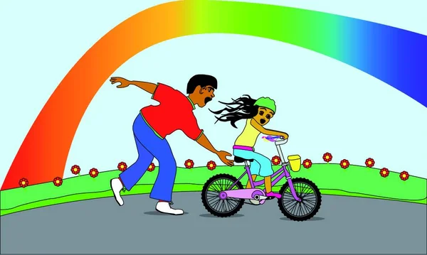 Ein Liebevoller Vater Bringt Seiner Kleinen Tochter Das Fahrradfahren Bei — Stockvektor