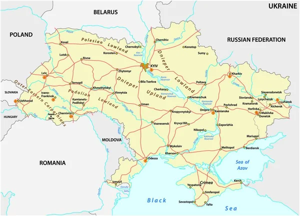 Carte Routière Détaillée Vectorielle Colorée Ukraine — Image vectorielle