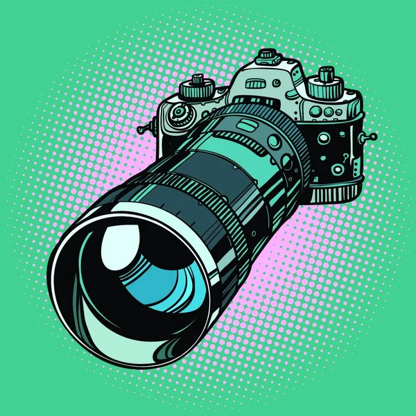 Câmera Com Lente Telefoto Desenhos Animados Quadrinhos Pop Arte Vetor —  Vetores de Stock