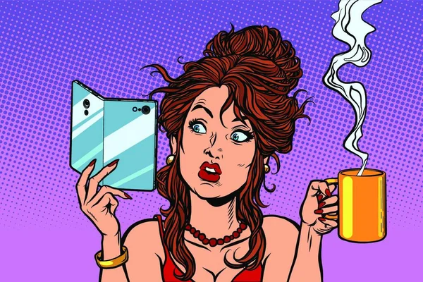 Woman Drinking Coffee Tea Smartphone Foldable Flexible Display Comic Cartoon — 스톡 벡터