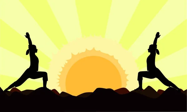 Twee Vrouwen Een Yoga Asana Tegen Een Krachtige Zonsondergang Uitvoeren — Stockvector
