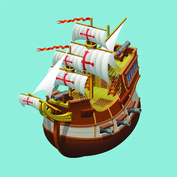 Galeonen Segelschiff Mit Einer Kanone Axonometrische Vektorabbildung — Stockvektor