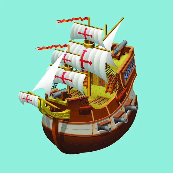 Velero Galeón Con Cañón Ilustración Vectorial Axonométrica — Vector de stock