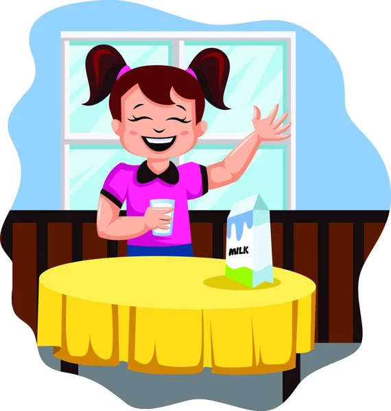 Ευτυχισμένο Κορίτσι Πίνοντας Γάλα Εικόνα Διάνυσμα Λευκό Φόντο — Διανυσματικό Αρχείο