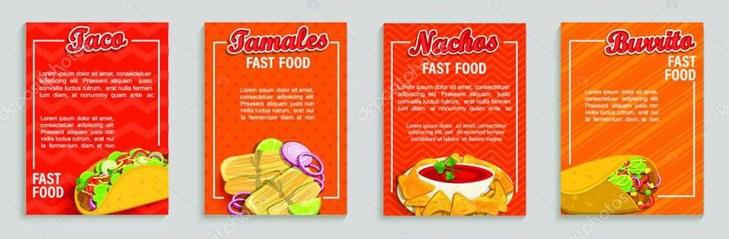 Set of mexican fast food shop flyers,banners.Set of taco,tamales,nachos,burrito menu pages for caffee, resaurant. Takeaway snack,poster,card for cafeteris,truck advertise.Template for design,vector