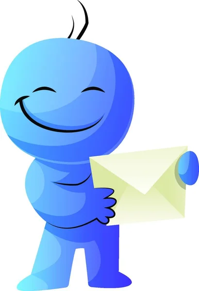 Blauwe Cartoon Karacter Holding Envelop Illustratie Vector Witte Achtergrond — Stockvector