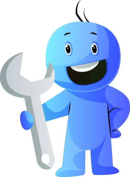 Blue Cartoon Caracter Holding Big Tool Illustration Vector White Background — Stock Vector