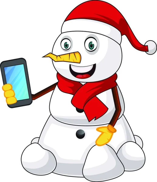 Sneeuwpop Met Telefoon Illustratie Vector Witte Achtergrond — Stockvector