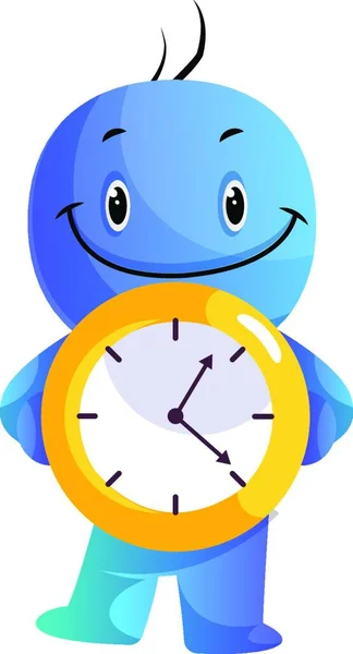 Blue Cartoon Caracter Holding Yellow Clock Illustration Vector White Background — Stock Vector