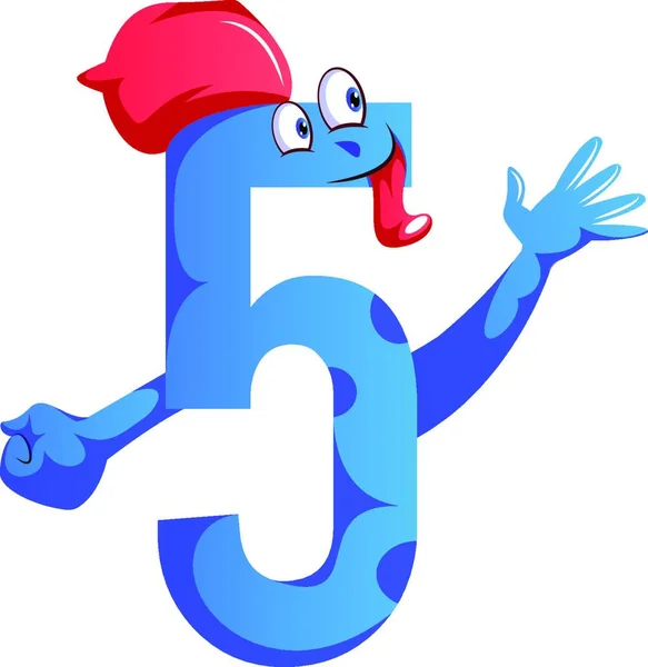 Numéro Cinq Monstre Bleu Avec Chapeau Montrant Cinq Doigts Vecteur — Image vectorielle