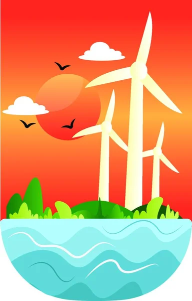 Illustration Von Windmühlen Bei Sonnenuntergang Vector Illustration Illustration Vektor Auf — Stockvektor