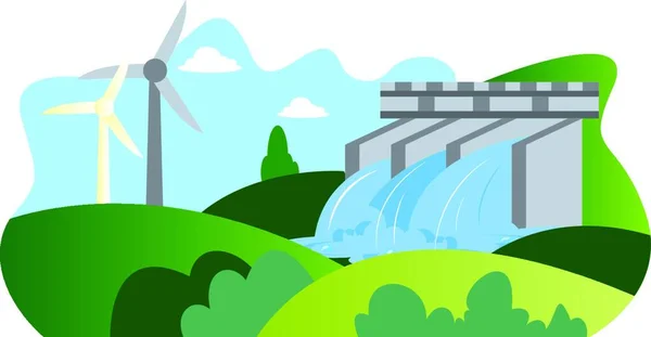 Illustrazione Del Mulino Vento Dell Energia Idroelettrica Come Vettore Illustrazione — Vettoriale Stock