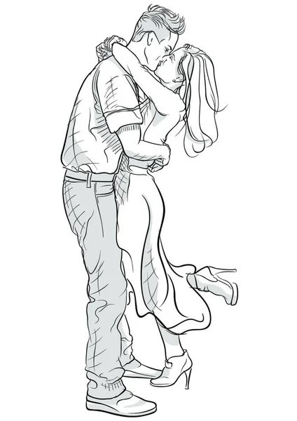 Romantic Kissing Hugging Couple Black White Hand Drawn Illustration Vector — Stock Vector