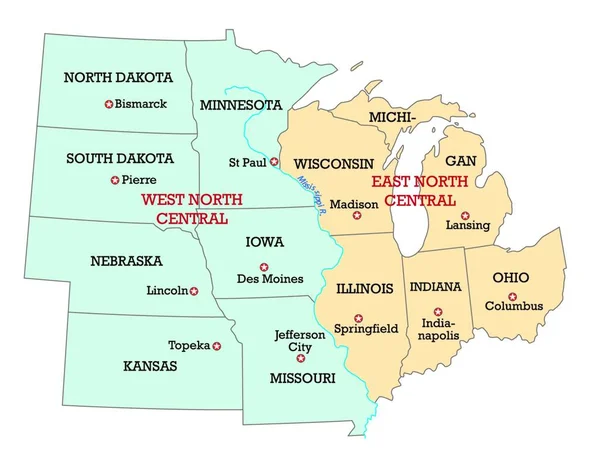 Mappa Del Midwest Degli Stati Uniti America — Vettoriale Stock
