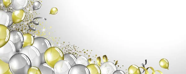 Vektor Silberne Und Goldene Luftballons Und Glitzerndes Festbanner — Stockvektor