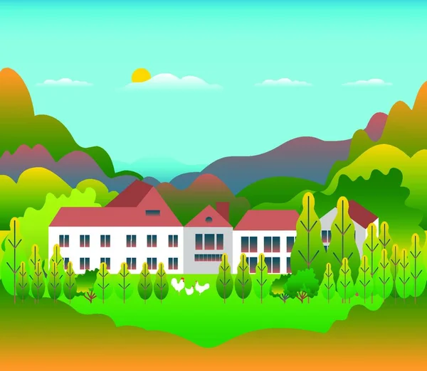 丘陵和山脉景观与房子农场在平面风格设计 森林在山谷插图 美丽的绿地 蓝天和阳光 卡通矢量背景的乡村位置 — 图库矢量图片