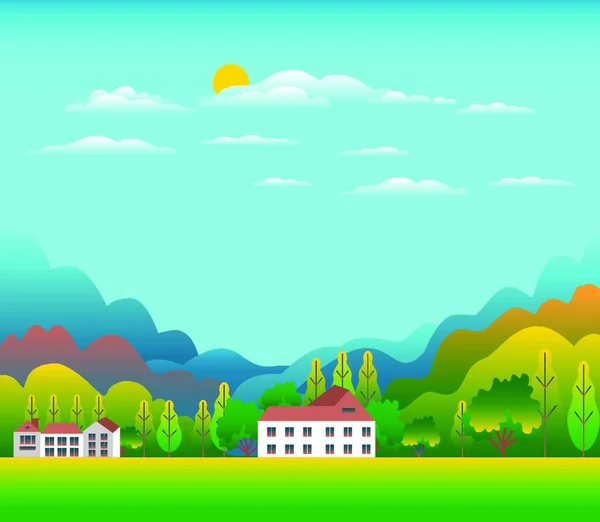 丘陵和山脉景观与房子农场在平面风格设计 森林在山谷插图 美丽的绿地 蓝天和阳光 卡通矢量背景的乡村位置 — 图库矢量图片