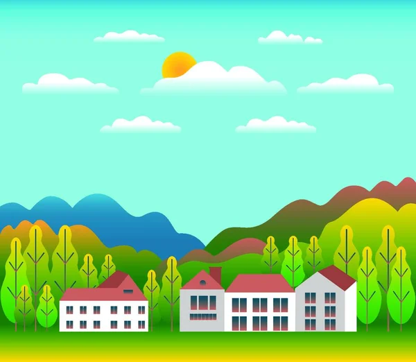 フラットスタイルのデザインでハウスファームと丘や山の風景 谷イラストの森 美しい緑のフィールド 青い空と太陽 漫画ベクトルの背景の農村の場所 — ストックベクタ