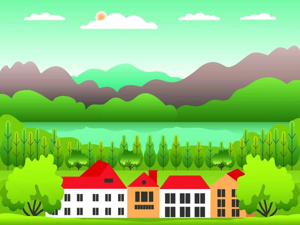 Collines Montagnes Paysage Avec Ferme Maison Dans Style Plat Illustration — Image vectorielle