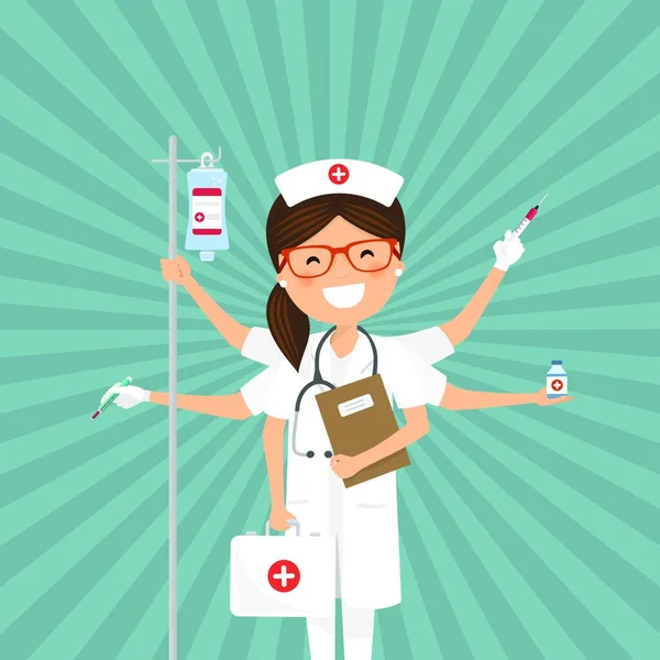 Enfermeira Multitarefa Fundo Retro Ilustração Vetorial Medicina — Vetor de Stock