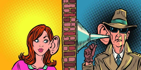 Γυναίκα Και Κατάσκοπος Ακούγοντας Ένας Τον Άλλον Κόμικ Καρτούν Pop — Διανυσματικό Αρχείο