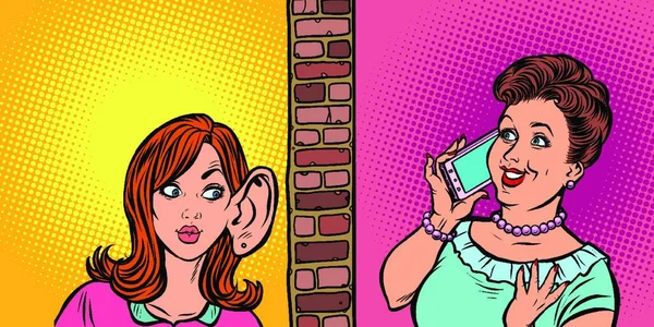 Žena Zaslechne Telefonickou Komunikaci Sousedy Kresba Kresleného Komiksu Pop Art — Stockový vektor