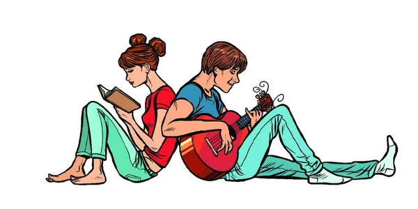 Par Adolescentes Niño Mujer Leyendo Libro Hombre Tocando Guitarra Dibujo — Vector de stock