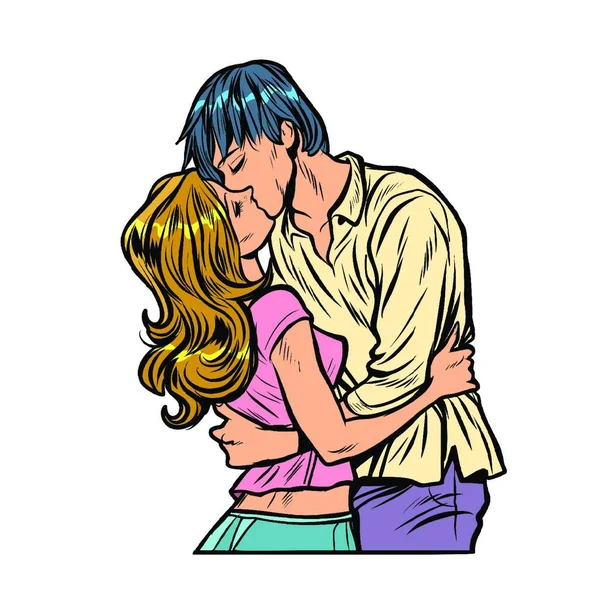 年轻夫妇接吻 恋爱关系浪漫 漫画流行艺术复古插画 — 图库矢量图片