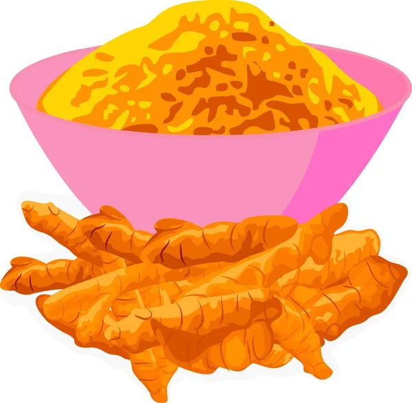 白色背景矢量图上碗中的姜黄根和粉红 — 图库矢量图片