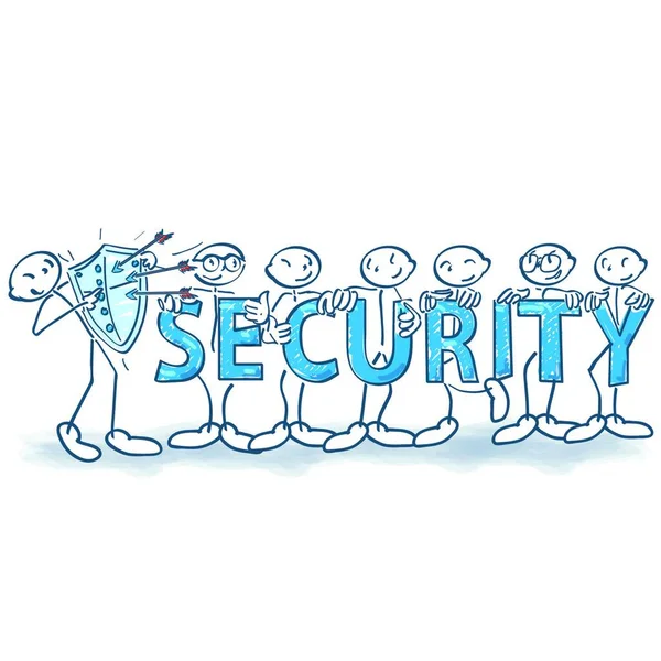 Stick Figure Shield Arrows Security Everyone — Stock Vector