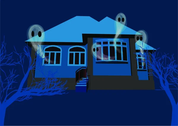 Casa Com Fantasmas Nevoeiro Árvores Escuras — Vetor de Stock