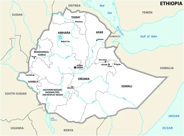 Administratieve Politieke Kaart Ethiopië — Stockvector