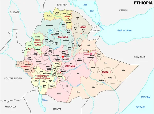 Mapa Administracyjna Polityczna Etiopii — Wektor stockowy