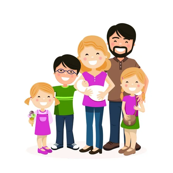 Famille Heureuse Avec Parents Trois Enfants Bébé Illustration Vectorielle Des — Image vectorielle