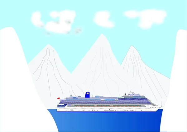 Una Nave Crociera Blu Bianca Fiordo Circondato Paesaggio Innevato — Vettoriale Stock