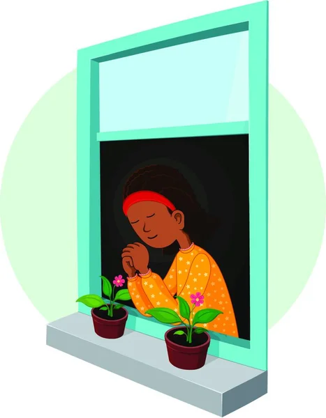 Afričanka Modlí Okně Vhodné Pro Dětské Náboženské Umění — Stockový vektor