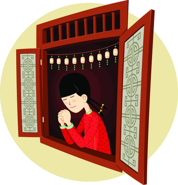 Fille Chinoise Portant Cheongsam Priant Par Fenêtre Adapté Pour Les — Image vectorielle