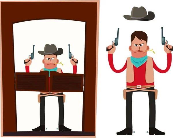 Cowboy Entrando Saloon Carregando Pistolas Suas Duas Mãos —  Vetores de Stock