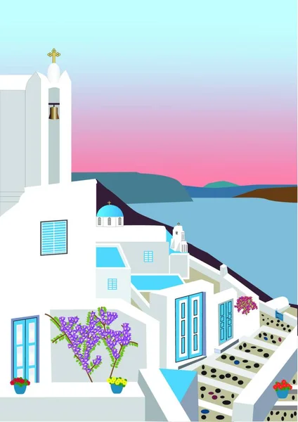 Wioska Greckich Wyspach Zachodzie Słońca Kwiatami Kościół Dzwonnice Widok Morze — Wektor stockowy