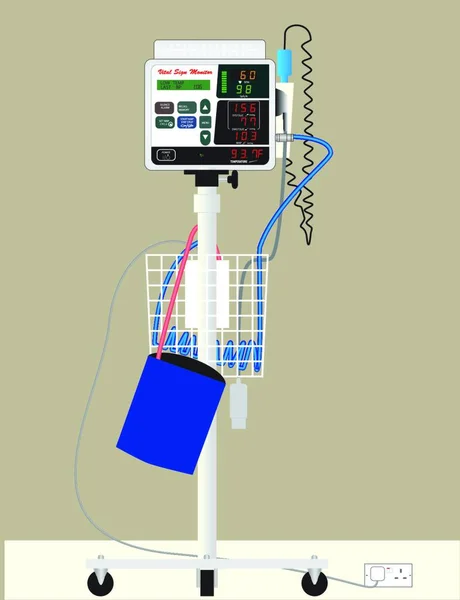 带Bp袖口和温度计的Trolley医院生命体征监测器 — 图库矢量图片