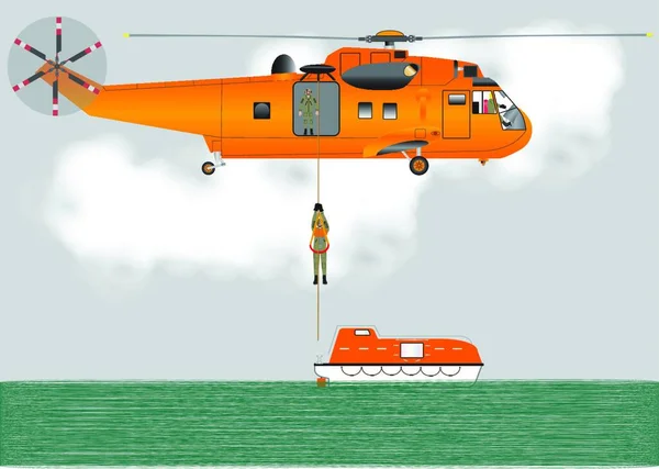 Elicottero Arancione Ricerca Salvataggio Che Abbassa Marinaio Una Scialuppa Salvataggio — Vettoriale Stock