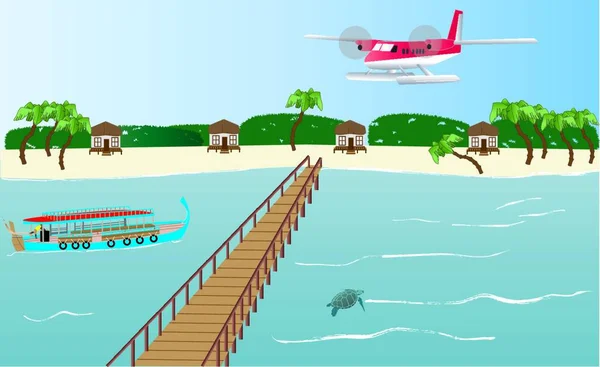 Een Floatplane Landing Een Eiland Malediven Met Een Dhoni Boot — Stockvector