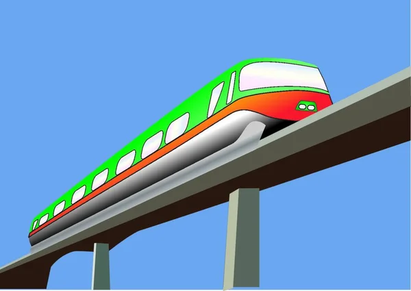 橋の上の緑とオレンジのモノレール列車 — ストックベクタ