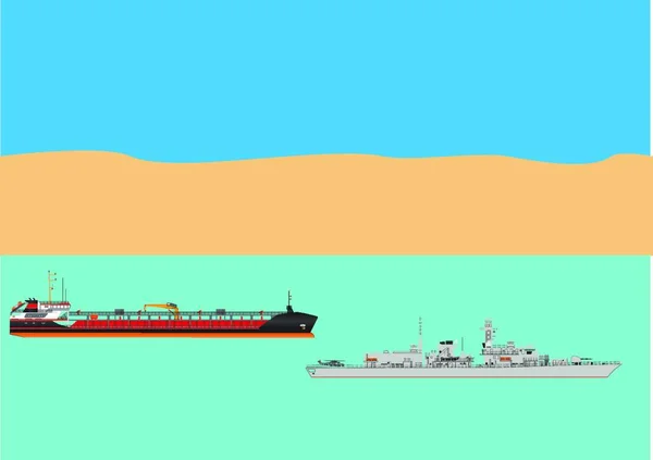 危険な水域を通って海賊対策パトロールの軍艦に護衛されている油タンカー — ストックベクタ