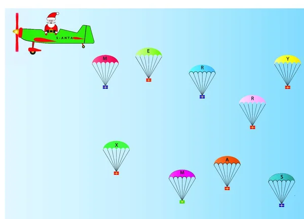 Vector Image Father Christmas Green Red Plane Dropping Presents Parachutes — Stockvector