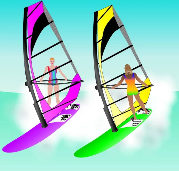 Due Belle Donne Windsurf Giù Onda — Vettoriale Stock