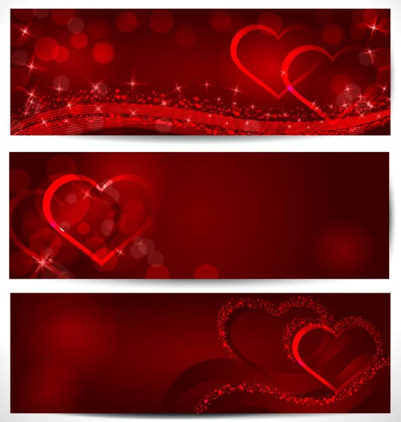 Ilustración Vectorial Pancartas Con Corazones Brillantes Rojos Efecto Luz Bokeh — Vector de stock